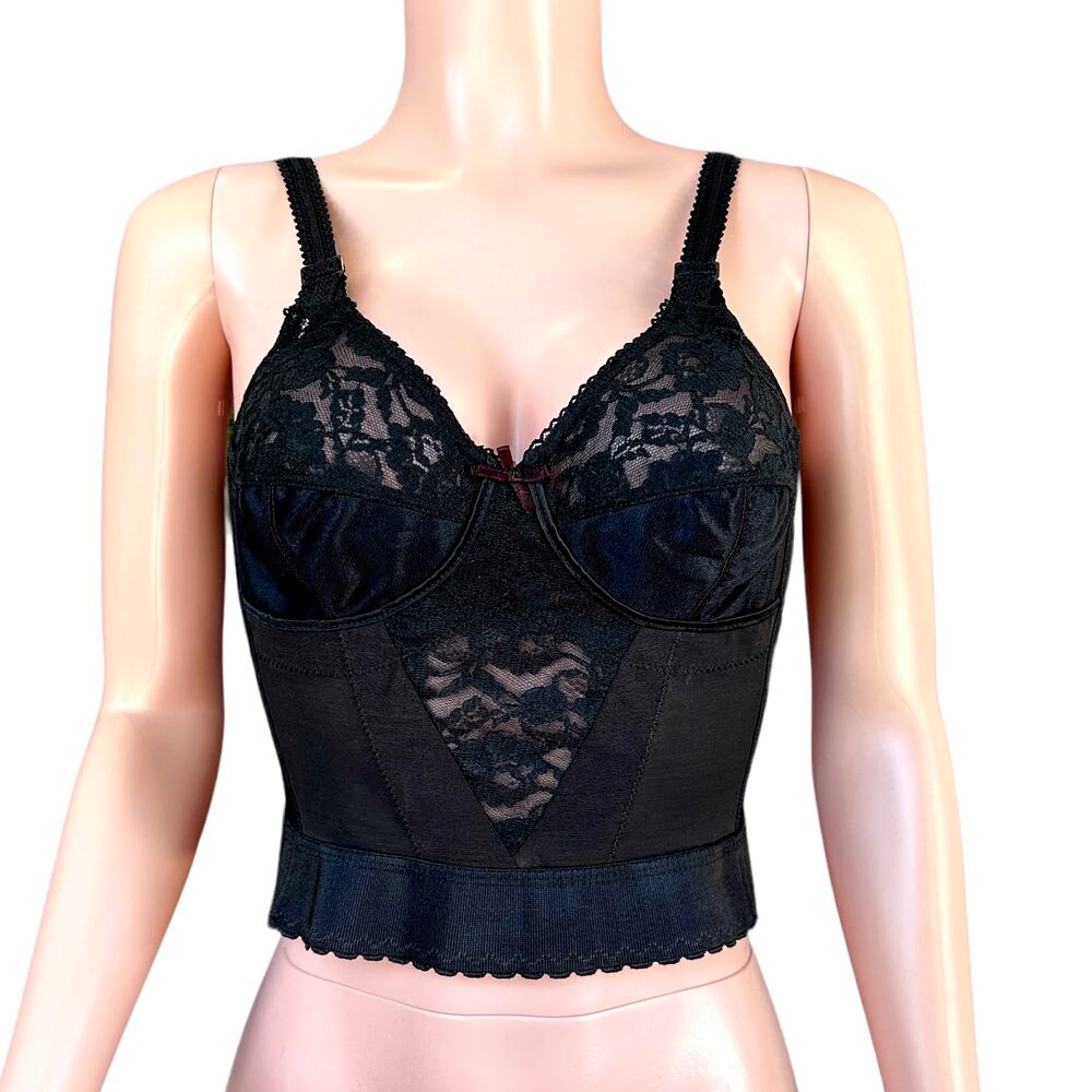 Vintage 1950s Black Lace Corset Longline Bra 36B Surprise by Carnival Style 165